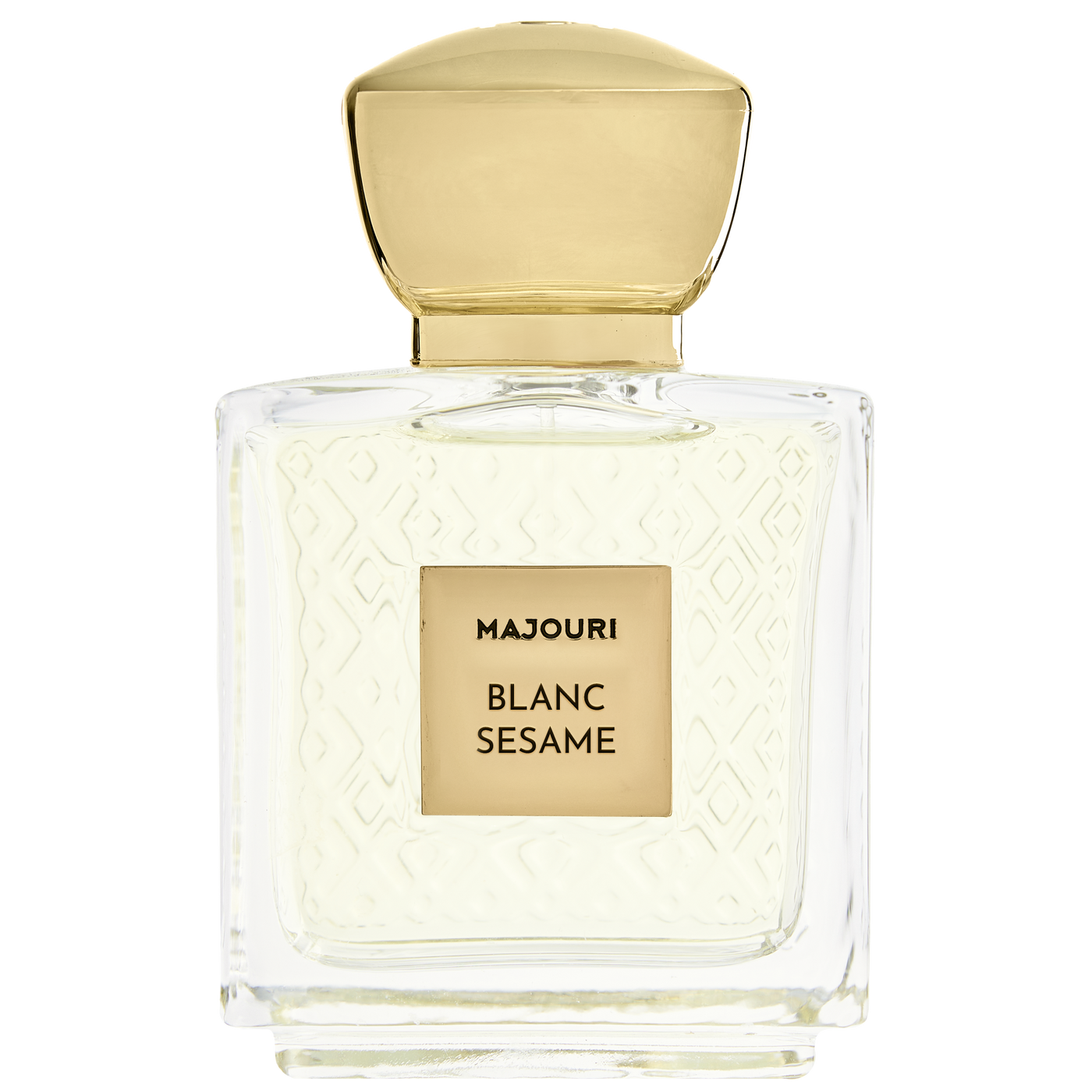 Perfume bottle labeled 'Majouri Blanc Sesame' with gold cap on a white background